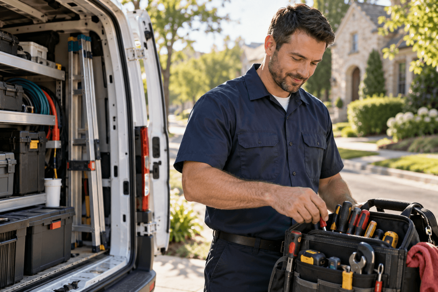 Service team member preparing tools for the day